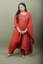 Rust Anarkali Kurta Set with Zari Embroidery - Image 3