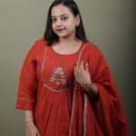Rust Anarkali Kurta Set with Zari Embroidery