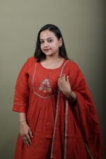 Rust Anarkali Kurta Set with Zari Embroidery