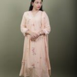 Peach Floral Embroidered Kurta Set with Bird Motif