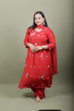Red Mirror Work Kurta Set with Floral Embroidery - Image 4