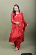 Red Mirror Work Kurta Set with Floral Embroidery - Image 3