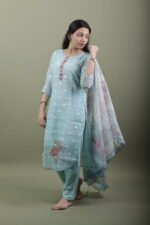 Powder Blue Kota Kurta Set with Printed Dupatta - Image 4