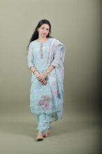 Powder Blue Kota Kurta Set with Printed Dupatta - Image 2