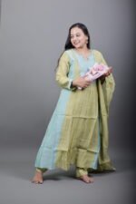 Pistachio Green Kurta Set with Aqua Embroidered Yoke - Image 2