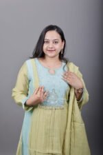 Pistachio Green Kurta Set with Aqua Embroidered Yoke