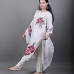 Ivory Linen Kurta Set with Rose Print and Pearl Lace