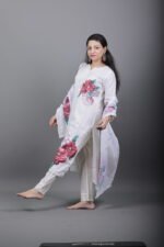 Ivory Linen Kurta Set with Rose Print and Pearl Lace