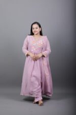 Mauve Pink Anarkali Kurta Set with Floral Thread Work - Image 3