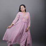 Mauve Pink Anarkali Kurta Set with Floral Thread Work