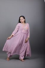 Mauve Pink Anarkali Kurta Set with Floral Thread Work