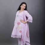 Lilac Cotton Kurta Set with Lace Hem and Floral Appliqué