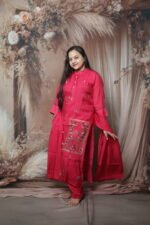 Deep Pink Silk Kurta Set with Kantha Deer Motif - Image 4