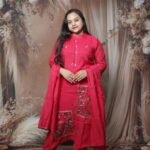 Deep Pink Silk Kurta Set with Kantha Deer Motif