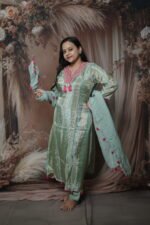 Sage Tissue Kurta Set with Magenta Zari Yoke - Image 2