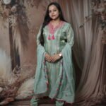 Sage Tissue Kurta Set with Magenta Zari Yoke