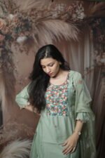Sage Green Kurta Set with Pearl Floral Yoke - Image 3