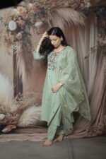 Sage Green Kurta Set with Pearl Floral Yoke - Image 2