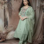 Sage Green Kurta Set with Pearl Floral Yoke