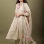 Beige Cotton Anarkali Kurta Set with Block Print Dupatta