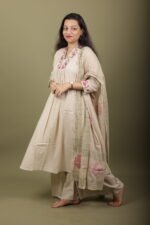Beige Cotton Anarkali Kurta Set with Block Print Dupatta