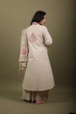 Beige Cotton Anarkali Kurta Set with Block Print Dupatta - Image 2
