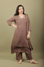 Mocha Textured Cotton Kurta Set with Bead Work Neckline - Image 2
