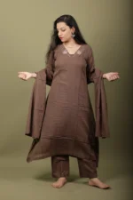 Mocha Textured Cotton Kurta Set with Bead Work Neckline - Image 4