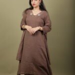 Mocha Textured Cotton Kurta Set with Bead Work Neckline