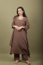 Mocha Textured Cotton Kurta Set with Bead Work Neckline