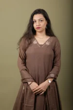 Mocha Textured Cotton Kurta Set with Bead Work Neckline - Image 3