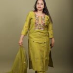 Olive Green Kurta Set with Multicolour Floral Yoke