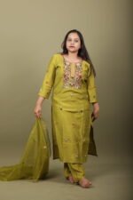 Olive Green Kurta Set with Multicolour Floral Yoke