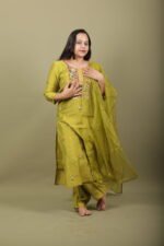 Olive Green Kurta Set with Multicolour Floral Yoke - Image 4