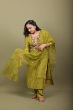 Olive Green Kurta Set with Multicolour Floral Yoke - Image 3