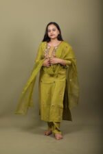 Olive Green Kurta Set with Multicolour Floral Yoke - Image 2