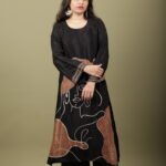 Black Silk Kurta Set with Hand Painted Line Art
