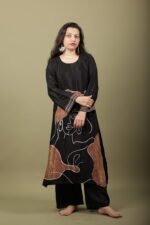 Black Silk Kurta Set with Hand Painted Line Art