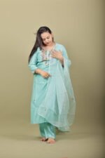 Aqua Kurta Set with Floral Placket Embroidery - Image 4