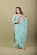 Aqua Kurta Set with Floral Placket Embroidery - Image 3