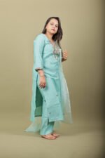 Aqua Kurta Set with Floral Placket Embroidery - Image 2