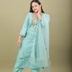 Aqua Kurta Set with Floral Placket Embroidery