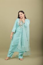 Aqua Kurta Set with Floral Placket Embroidery