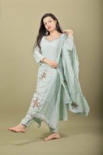 Mint Green Kurta Set with Gold Sequin Leaf Embroidery