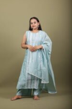 Sea Green Kurta Set with White Thread Embroidery - Image 4