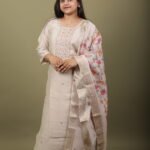 Beige Kurta Set with Pastel Embroidery and Banarasi Dupatta