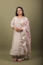 Beige Kurta Set with Pastel Embroidery and Banarasi Dupatta