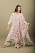 Beige Kurta Set with Pastel Embroidery and Banarasi Dupatta - Image 2