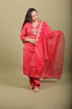 Deep Pink Silk Kurta Set with Kantha Deer Motif - Image 3