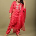 Coral Red Tissue Kurta Set with Organza Dupatta